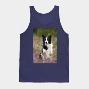 Border Collie Sitting in a Field of Flowers, Smiling With Tongue Out Tank Top